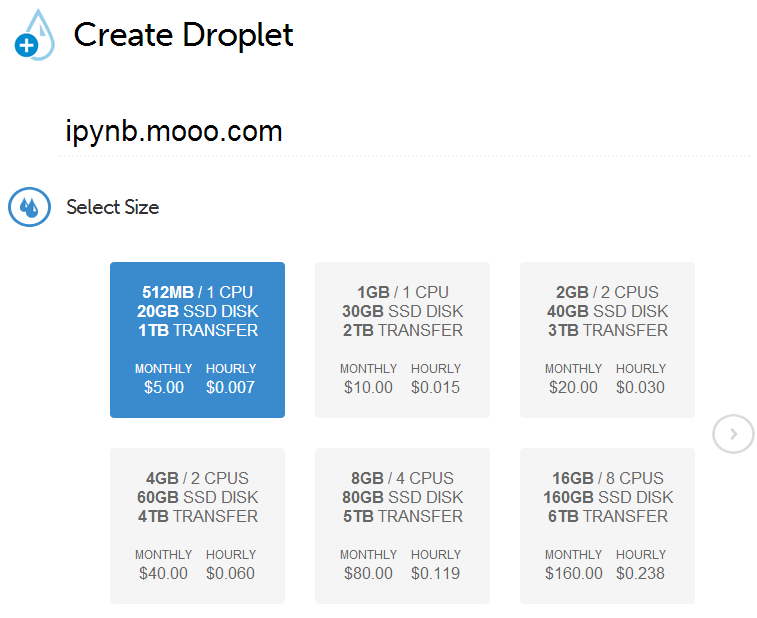 Создать vps. Select Size.