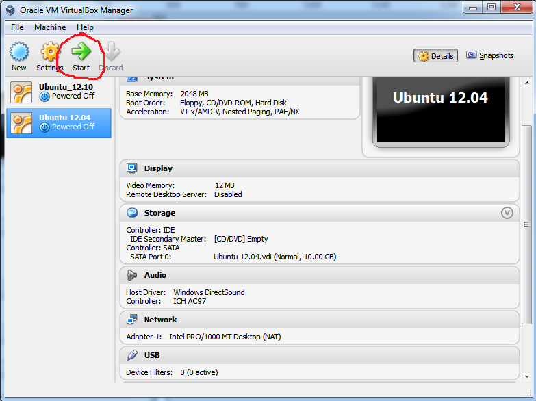Virtualbox start